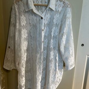 Chic White Lace Button-Up Blouse/kimono/swim cover up